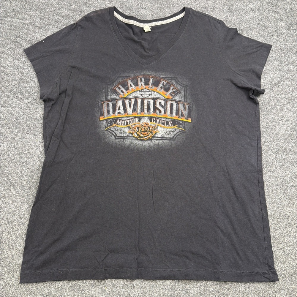 Harley-Davidson Womens 3XL V-Neck Shirt Charcoal Gray Rose Graphic Tee Plus Size